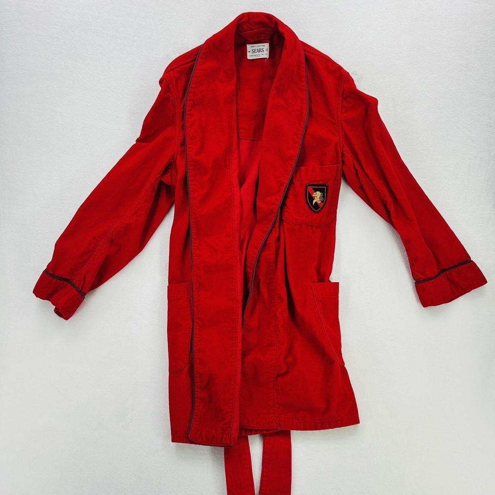 Vintage Sears Robe Mens Medium Red Cotton Corduroy Belted Lounge USA Embroidered